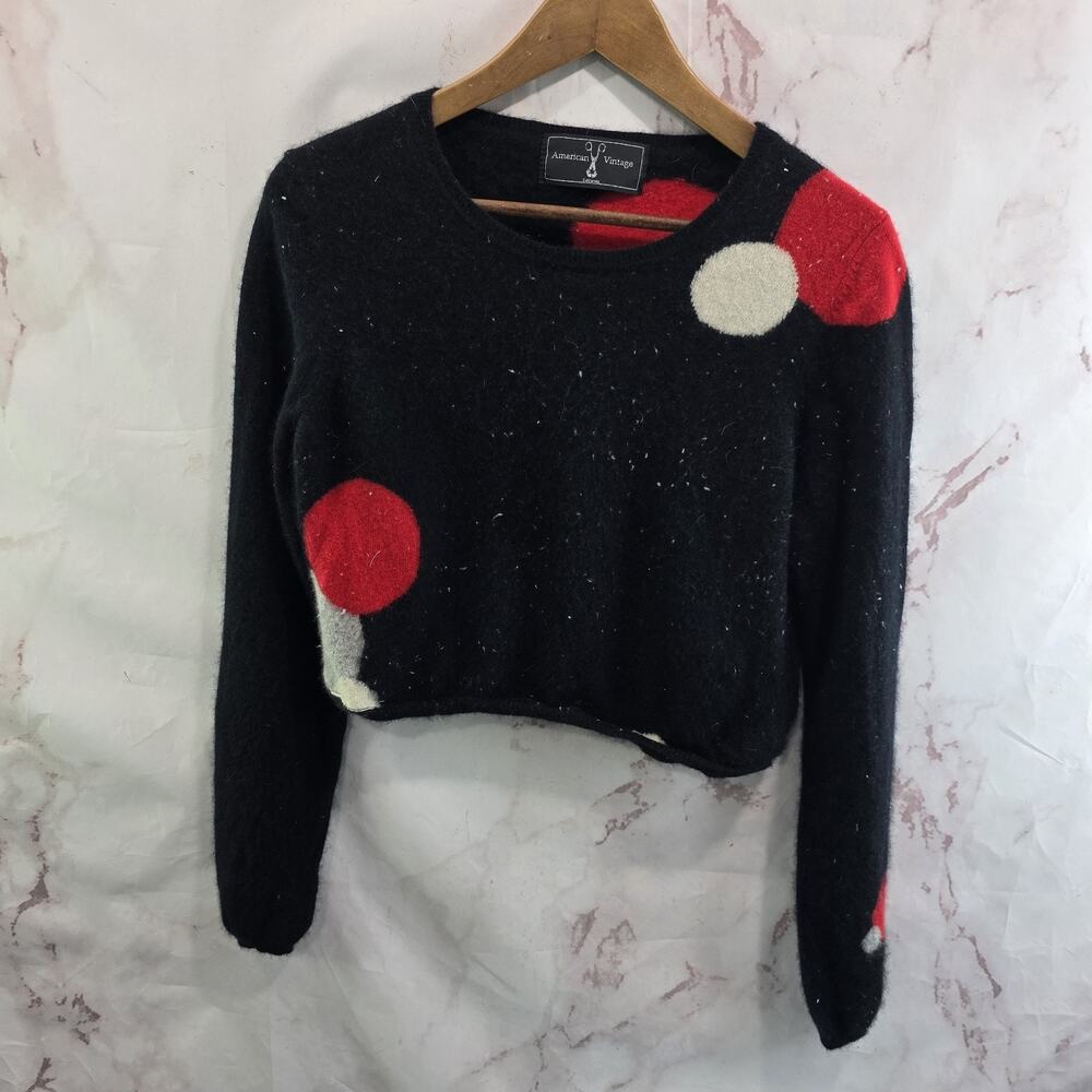 American Vintage Sweater Womens XS Black Red Cashmere Dot Clown Crop Balloon